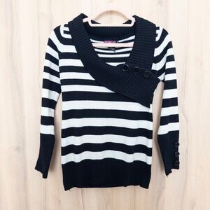 VTG‎ Y2K Say What Womens Sweater Size M Black White Striped Preppy 2000s Cozy
